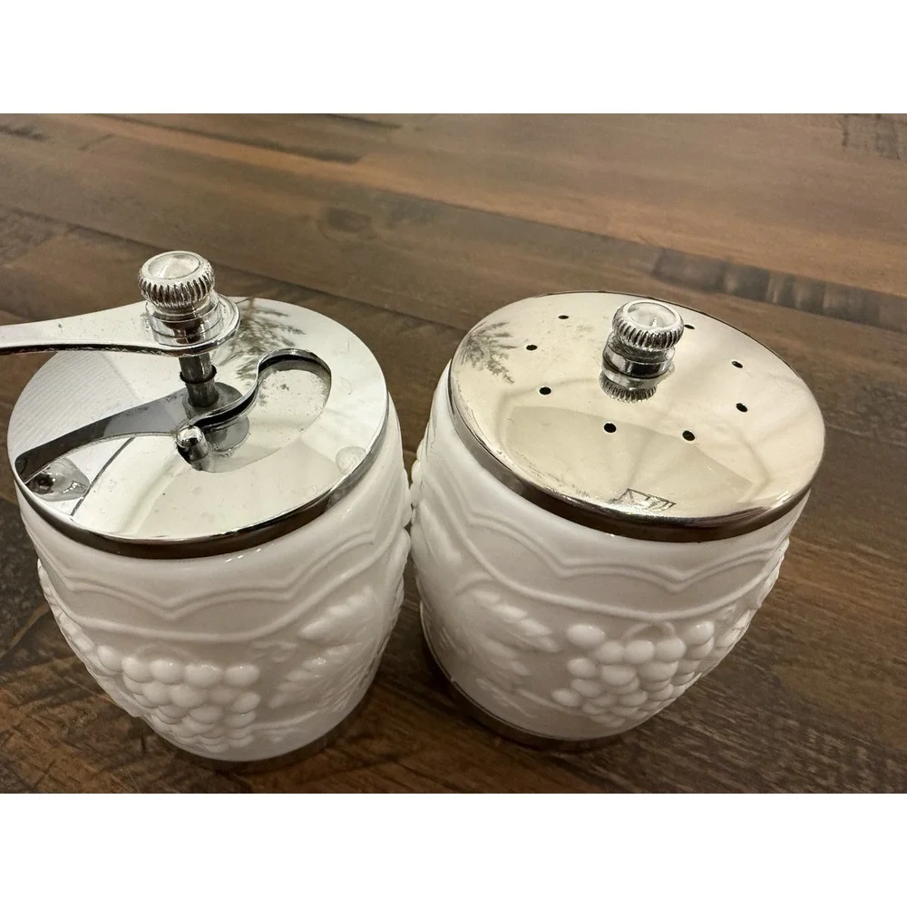 Vtg George Thompson Milk Glass Salt & Pepper Set Grape And Leaves Pattern Chrome